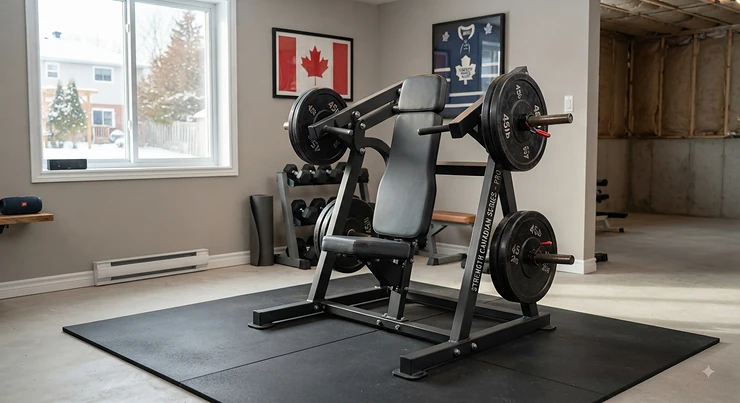 A professional plate-loaded shoulder press machine set up in a modern Canadian home gym space.