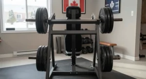 Rear view of a plate-loaded shoulder press machine showing integrated weight plate storage pegs.