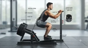 An instructional diagram showing correct body posture and form while using a belt squat machine.