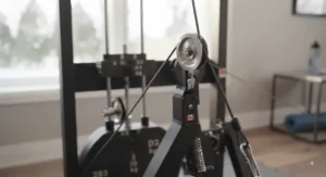 Detailed view of the smooth cable system on a seated row machine designed for a Canadian home gym.