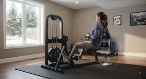 A sturdy seated row machine serving as the central piece for strength training in a dedicated home gym room.