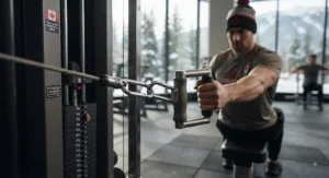 Single-arm D-handle used for unilateral cable row movements on a functional trainer.