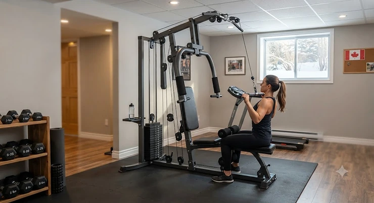 A compact single stack home gym installed in a finished Canadian basement for year-round fitness. single stack home gyms
