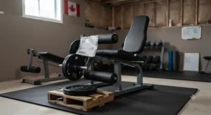 An assembled plate-loaded leg curl machine for home gym training ready for delivery in Canada.