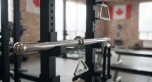 Revolving straight bar cable row handle positioned on a fitness equipment rack.