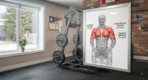 Anatomical diagram highlighting pectoral muscles, triceps, and anterior deltoids targeted by chest press.