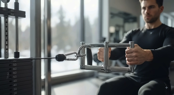 Standard V-bar cable row handle attached to a pulley machine for seated rows.