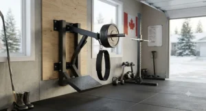 Compact, wall-mounted belt squat machine installed in a Canadian residential garage gym.