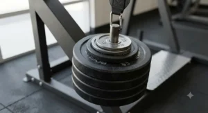 Close-up view of Olympic weight plates loaded securely onto a belt squat machine loading pin.