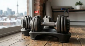 Compact adjustable cast iron dumbbells suitable for small-space workouts in Canada.