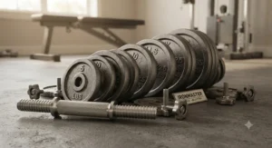 Illustration showing the interchangeable cast iron weight plates and handles of Ironmaster style adjustable dumbbells measured in pounds.