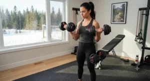 Fitness enthusiast performing bicep curls with adjustable dumbbells in a Canadian home workout space.