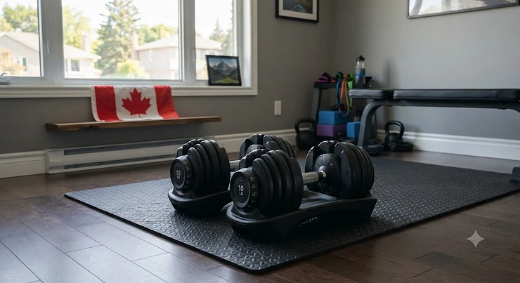 Adjustable dumbbells for beginners neatly arranged on a fitness mat in a Canadian home gym.