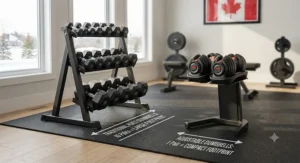 Side-by-side comparison illustrating how adjustable dumbbells save floor space compared to traditional fixed dumbbell racks.