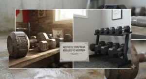 Aesthetic styles featuring sleek rubber hex dumbbells alongside classic cast iron weights.