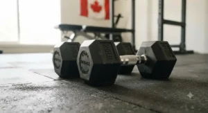 Two rubber hex dumbbells resting safely on a gym floor, demonstrating their anti-roll hexagonal head design.