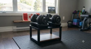 A beginner doing lunges with adjustable dumbbells during a home fitness routine.