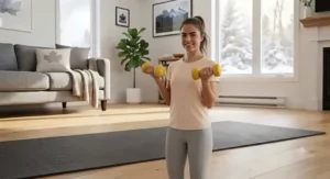 Beginner fitness enthusiast holding bright neoprene dumbbells for home workouts.