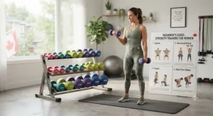 Beginner-friendly guide illustration featuring studio dumbbells for women and basic strength exercises.