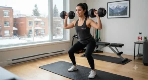 Beginner fitness enthusiast using versatile adjustable dumbbells for a full-body routine in a Canadian apartment.