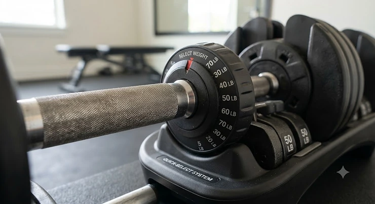 A lineup of the best adjustable dumbbells available in Canada, showcasing space-saving home gym setups for Canadian fitness enthusiasts.