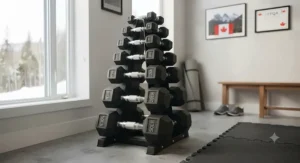 High-durability fixed weight dumbbells displayed in a well-lit home gym setting across Canada.