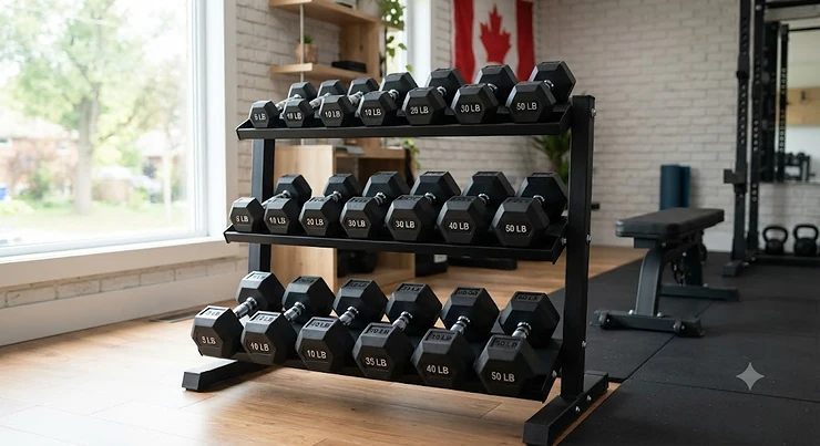 A complete set of the best rubber hex dumbbells arranged neatly on a rack in a modern Canadian home gym.