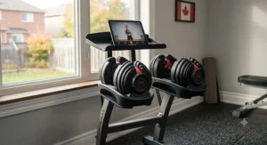 Sturdy media rack stand holding a pair of Bowflex SelectTech dumbbells in an organized Canadian home gym setup.