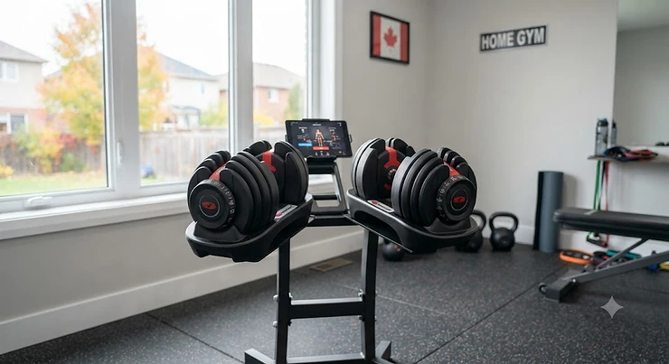 Pair of adjustable Bowflex SelectTech dumbbells resting on a stand in a modern Canadian home gym.