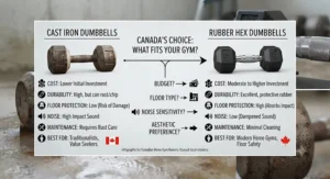 Infographic summarizing cast iron dumbbells vs rubber hex dumbbells to help Canadians choose the best weights.