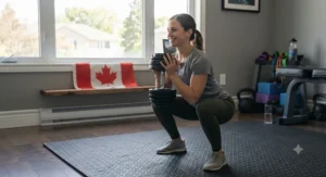 A beginner safely performing a goblet squat using adjustable dumbbells in a cozy living room.