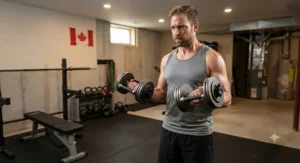 Illustration of a lifter performing bicep curls with Ironmaster style adjustable dumbbells in a Canadian basement workout space.