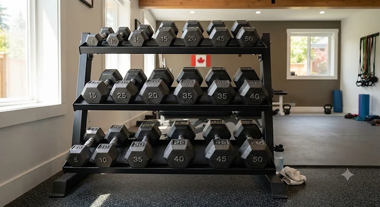 A set of heavy cast iron dumbbells organized on a rack in a modern Canadian home gym.