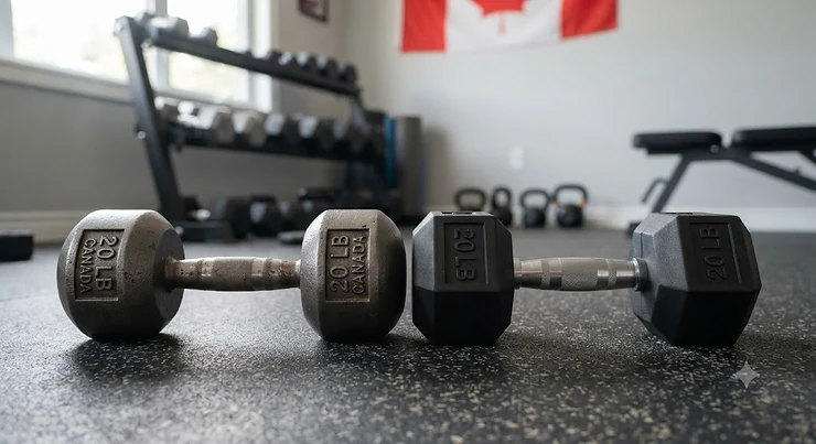 Side-by-side comparison of cast iron dumbbells and rubber hex dumbbells for a home gym in Canada.