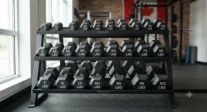 A complete tiered weight set of black cast iron dumbbells ready for commercial or home gym use.