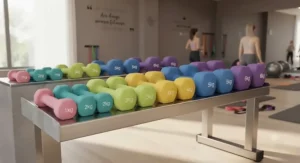 Set of bright studio dumbbells for women arranged neatly for a group fitness class or gym setup.