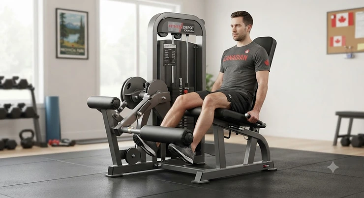 Full view of a commercial-grade combo leg curl and extension machine designed for Canadian home and gym setups.