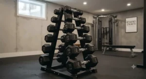 High-end commercial quality fixed weight dumbbells providing gym-standard durability for basement workouts.