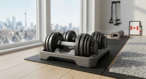 Compact adjustable dumbbells resting neatly in their custom storage trays, ideal for condo and apartment living across Canada.