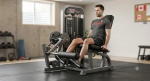Compact design of a combo leg curl and extension machine ideal for Canadian basement home gyms.