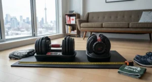 Compact storage tray and footprint of quick-change and dial adjustable dumbbells suited for a small Canadian apartment or condo workout space.