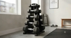 Compact fixed weight dumbbells arranged on a vertical rack, ideal for apartments or small home workout spaces.