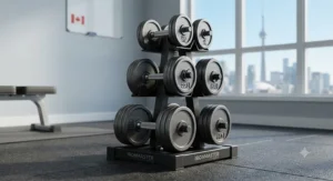 Illustration of a compact vertical storage rack holding Ironmaster style adjustable dumbbells ideal for Canadian apartments or condos.