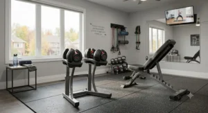 Comprehensive home gym layout featuring Bowflex SelectTech dumbbells, an adjustable bench, and fitness accessories.