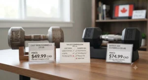 Price and value comparison of cast iron dumbbells versus rubber hex dumbbells for Canadian buyers.
