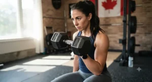 An athlete performing bicep curls using durable cast iron dumbbells during a strength workout.