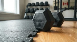 Rubber-coated hex dumbbell heads designed to protect residential and commercial flooring from damage.