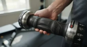 Detailed view of the textured, ergonomic handle on a Bowflex SelectTech dumbbell for secure grip during workouts.