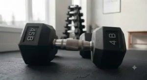 Ergonomic, knurled steel handle on a fixed weight dumbbell for a secure grip during upper body exercises.