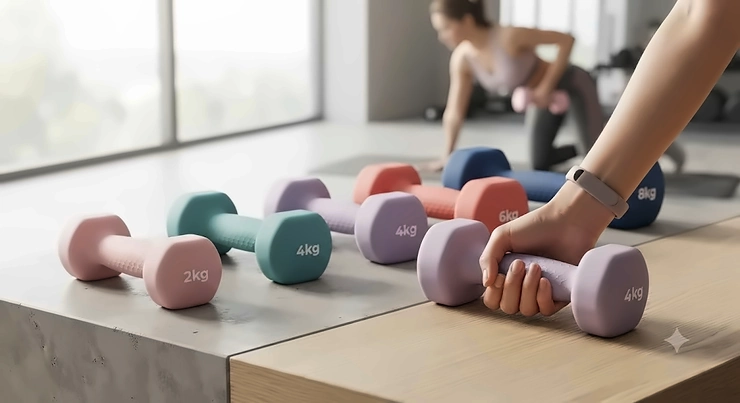 Graphic showing ergonomic studio dumbbells for women designed for comfortable grip during strength training.
